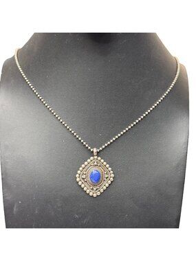 Sterling Silver Beaded Italy Chain Necklace Ornate Blue Lapis Lazuli Pendant 24"